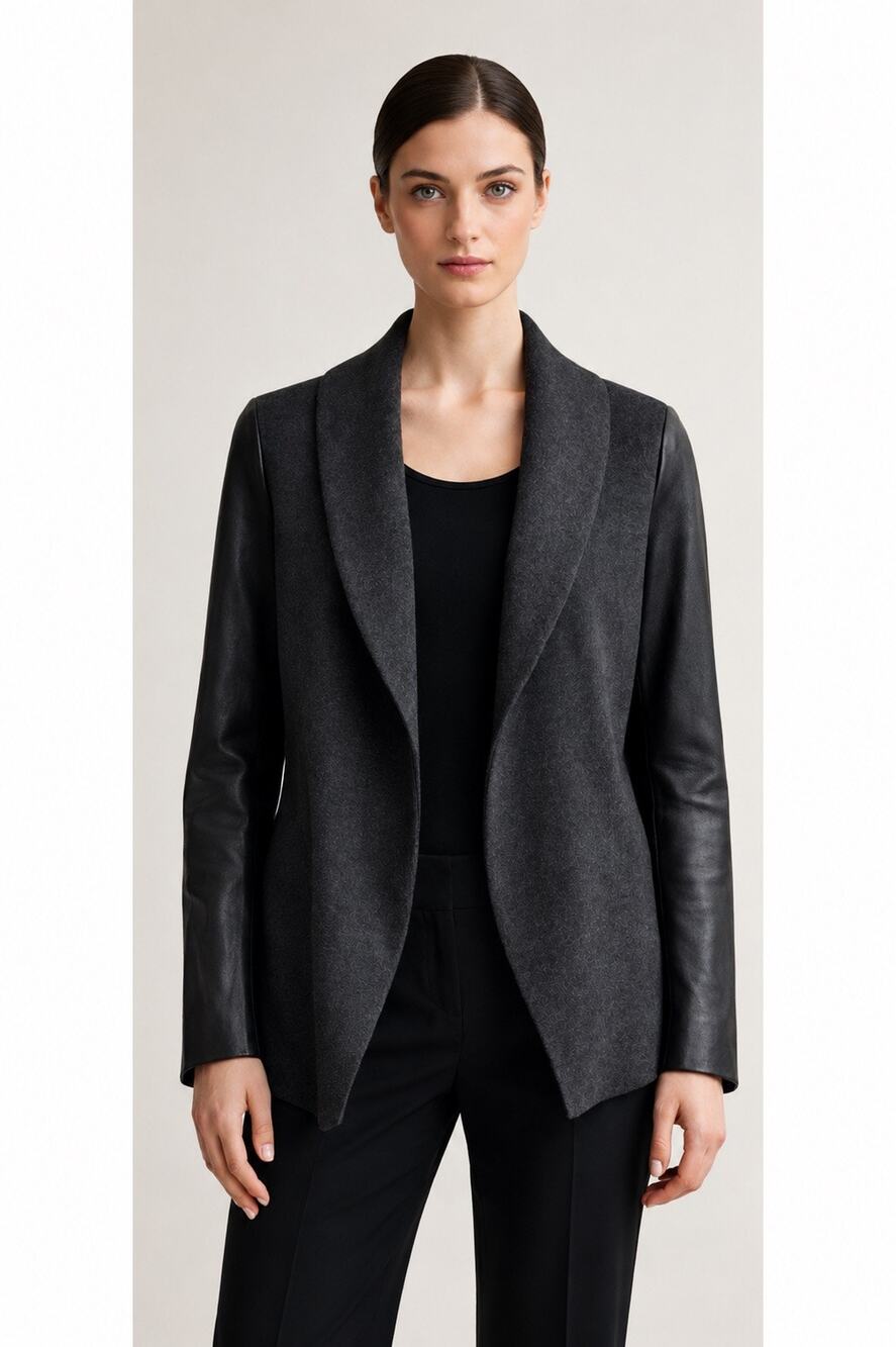Theory Laura Classic Jacket with Lambskin Leather Sleeves – Charcoal / Black